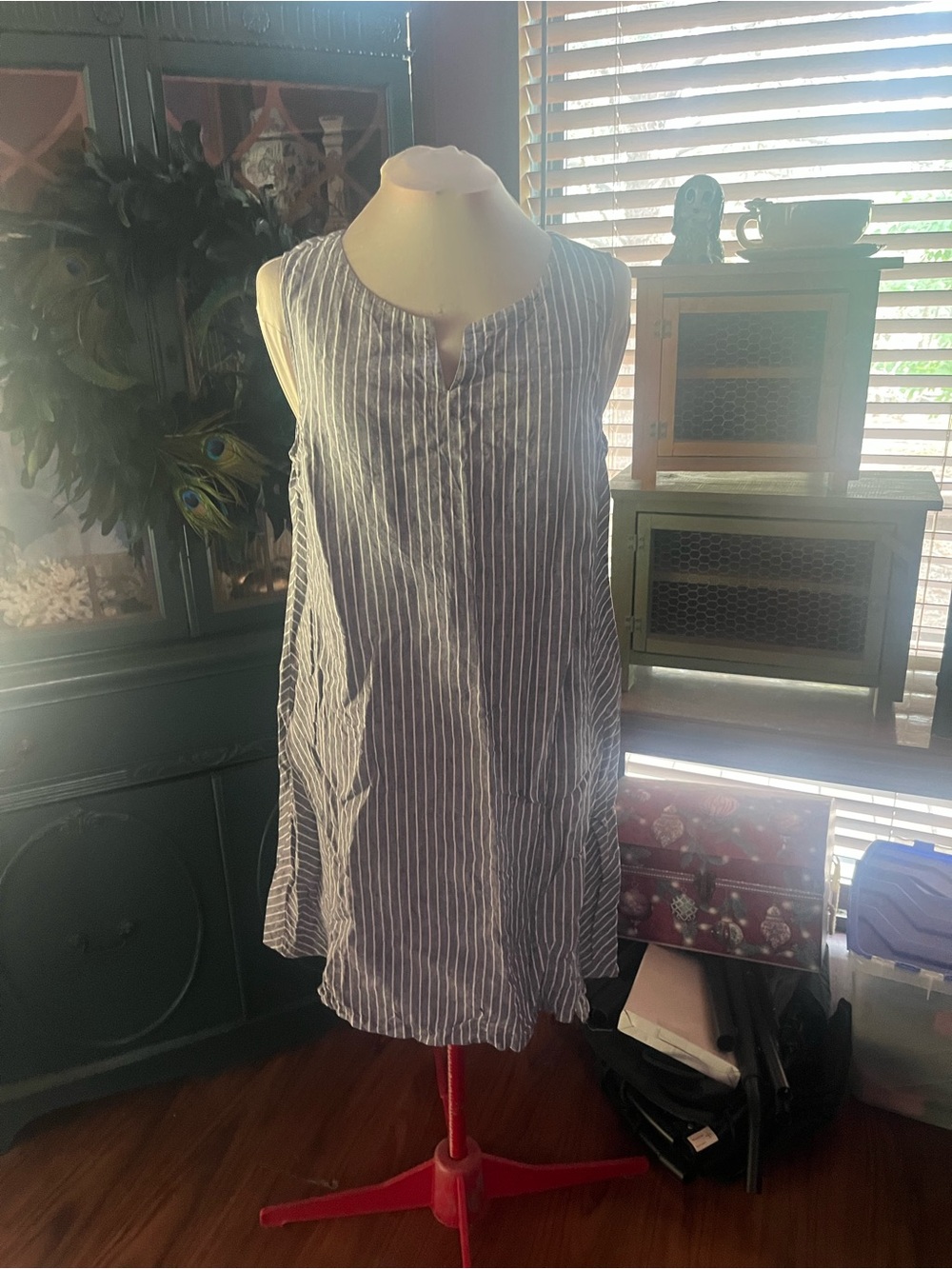 J. Jill Blue and White Striped Sleeveless Linen-Blend Tunic